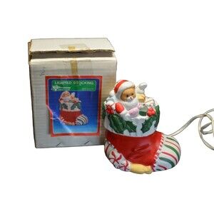 Vintage Christmas Around the World Stocking Teddy Bear Night Light Lamp Ceramic